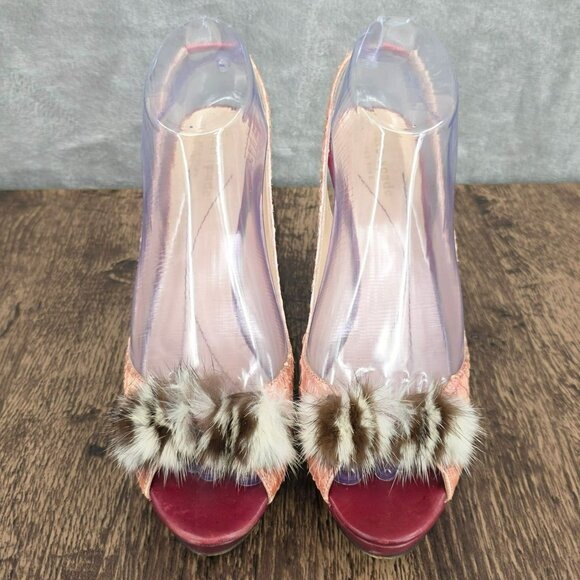 Kate Spade New York Slingback Peep Toe Heels 8.5 B Pink Red Leather Fur Scaled - Picture 5 of 16